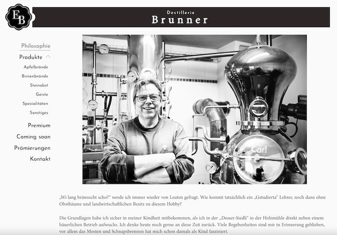 Website der Destillerie Brunner mit Egon auf der Startseite.